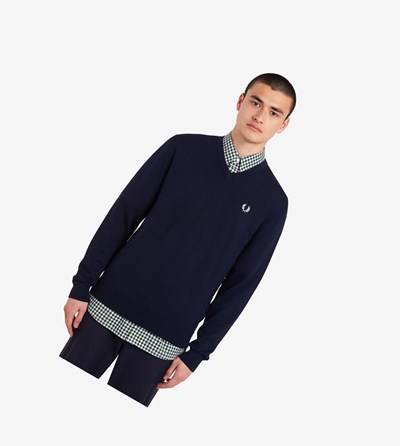 Fred Perry Klassieke V Neck Jumper Gebreide Kleding Heren Donkerblauw | KMY457362