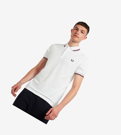 Fred Perry M3600 Poloshirt Heren Wit Lichtrood Donkerblauw | XWU534908