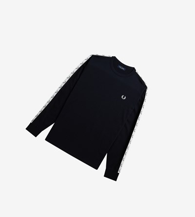 Fred Perry Taped Long Sleeve T-shirts Heren Donkerblauw | XBO734906