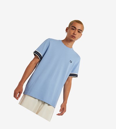 Fred Perry Tramline Tipped Piqué T-shirts Heren Blauw | OWH190647