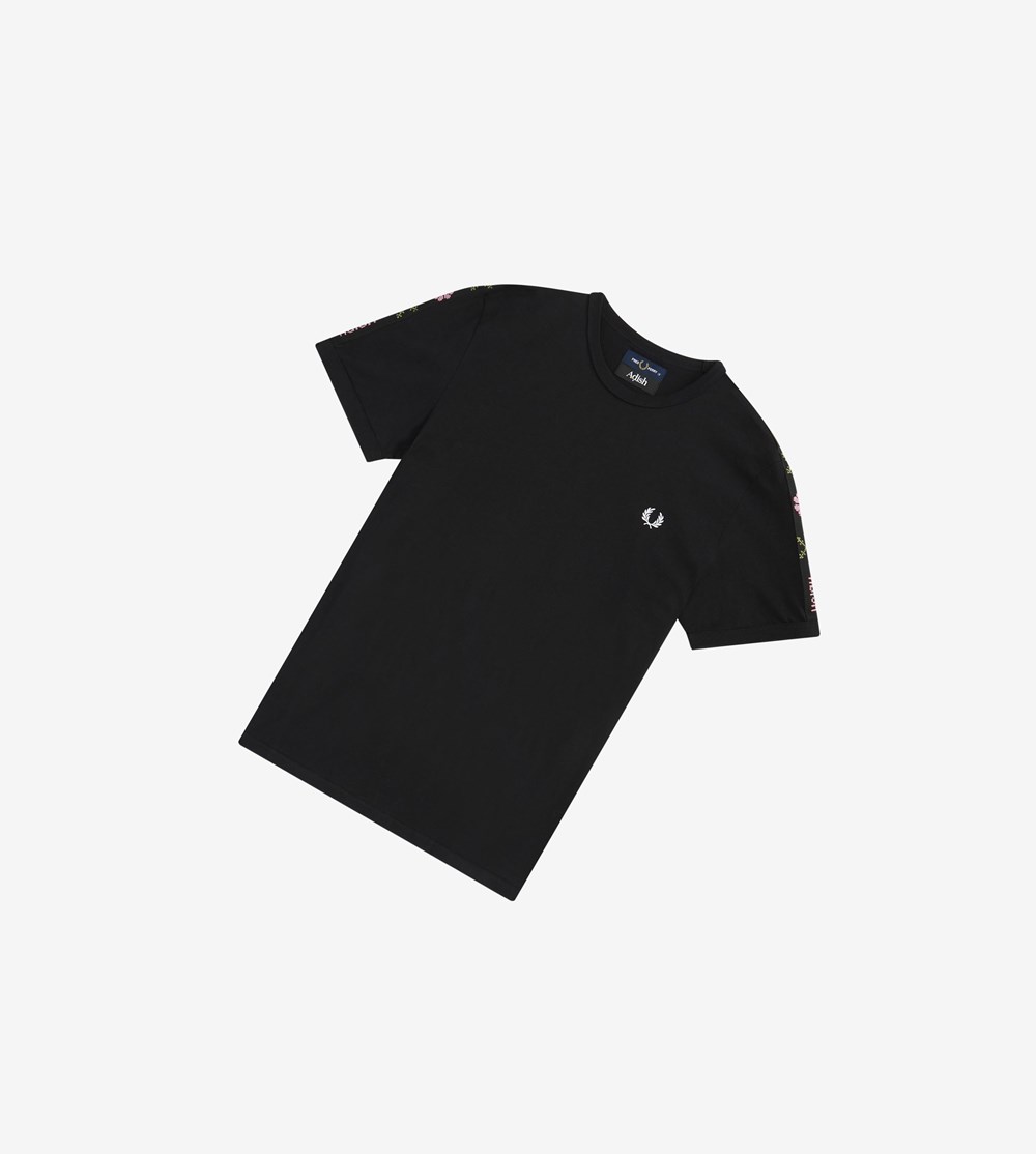 Fred Perry Adish Embroidered Tape Ringer T Shirts & Topjes Dames Zwart | GBW607912