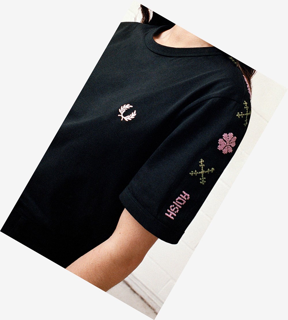 Fred Perry Adish Embroidered Tape Ringer T Shirts & Topjes Dames Zwart | GBW607912