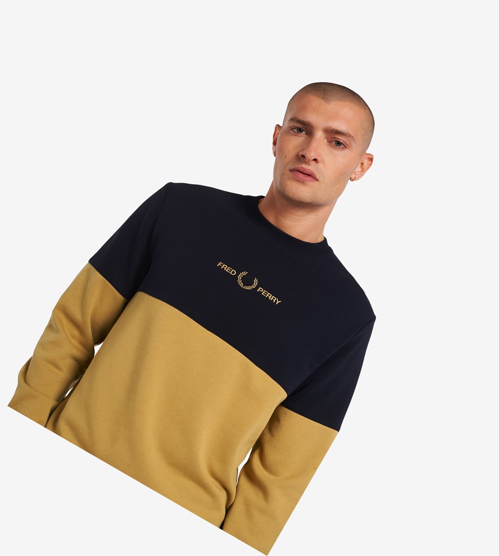 Fred Perry Colour Block Sweatshirt Heren khaki/black | QEK157640