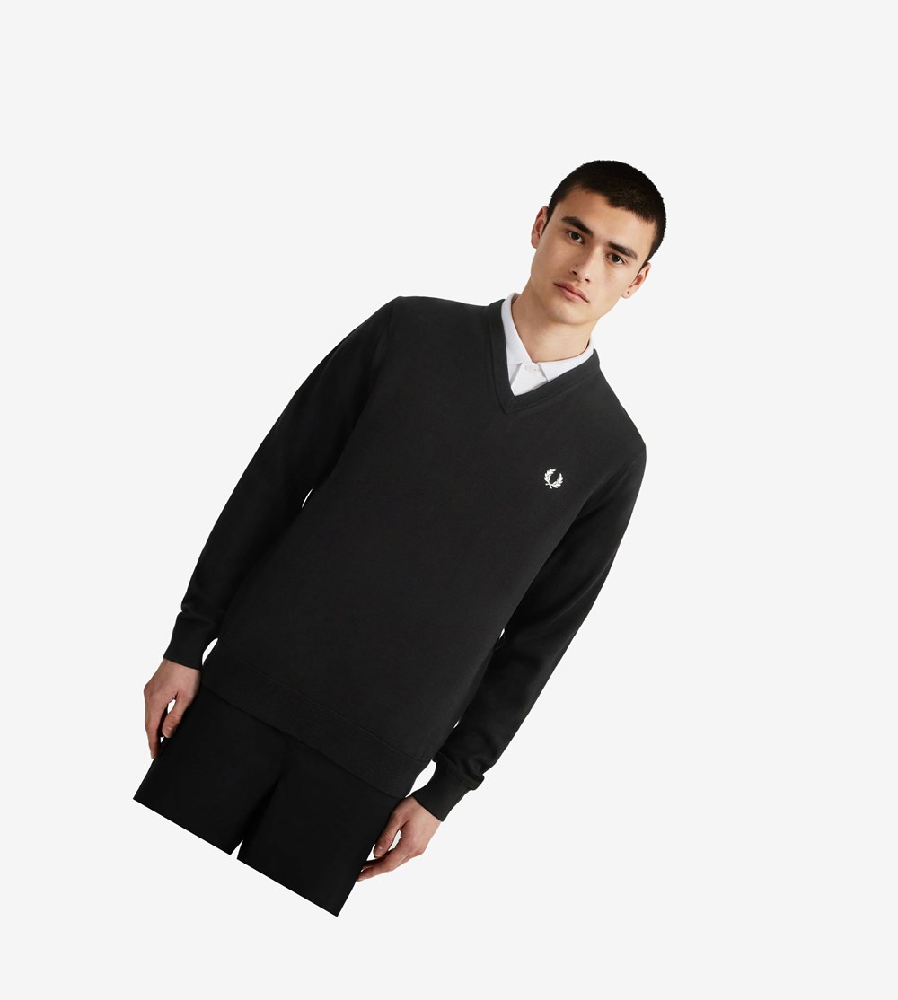 Fred Perry Klassieke V Neck Jumper Gebreide Kleding Heren Zwart | RXY751063