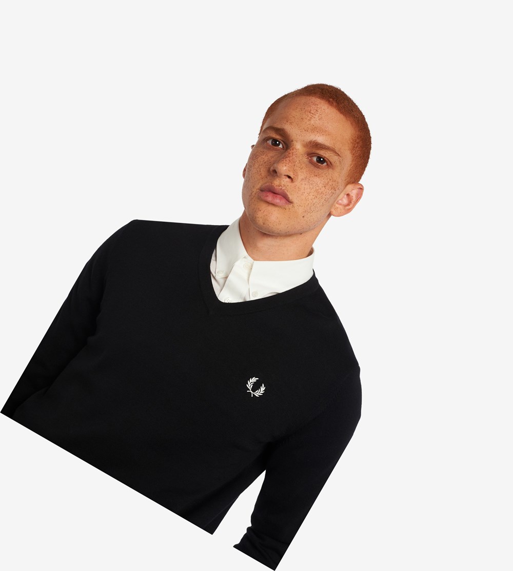 Fred Perry Klassieke V Neck Jumper Gebreide Kleding Heren Zwart | RXY751063