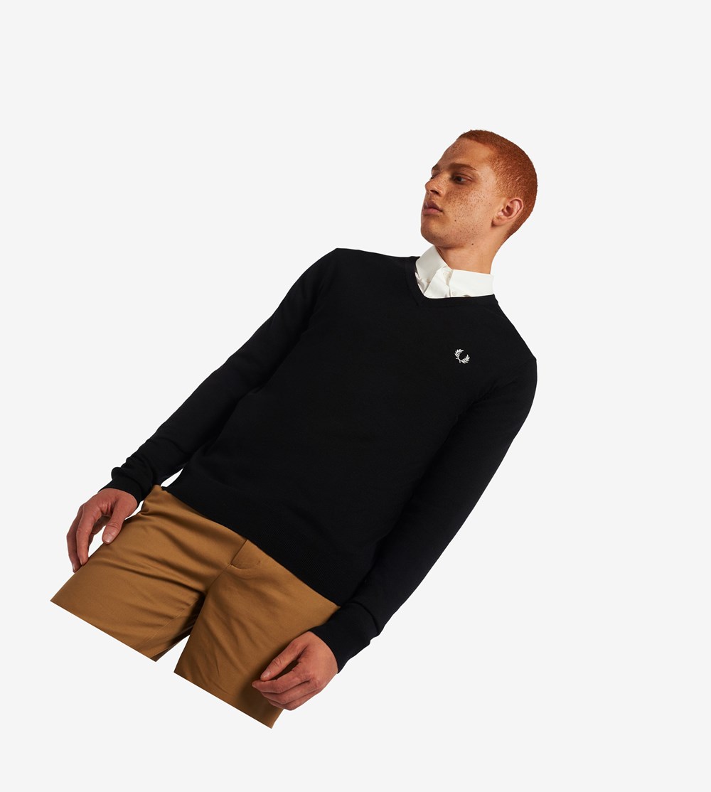 Fred Perry Klassieke V Neck Jumper Gebreide Kleding Heren Zwart | RXY751063