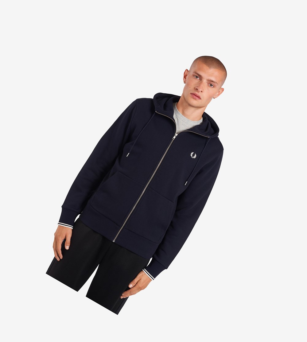 Fred Perry Met Capuchon Zip Through Sweatshirt Heren Donkerblauw | MPE519268