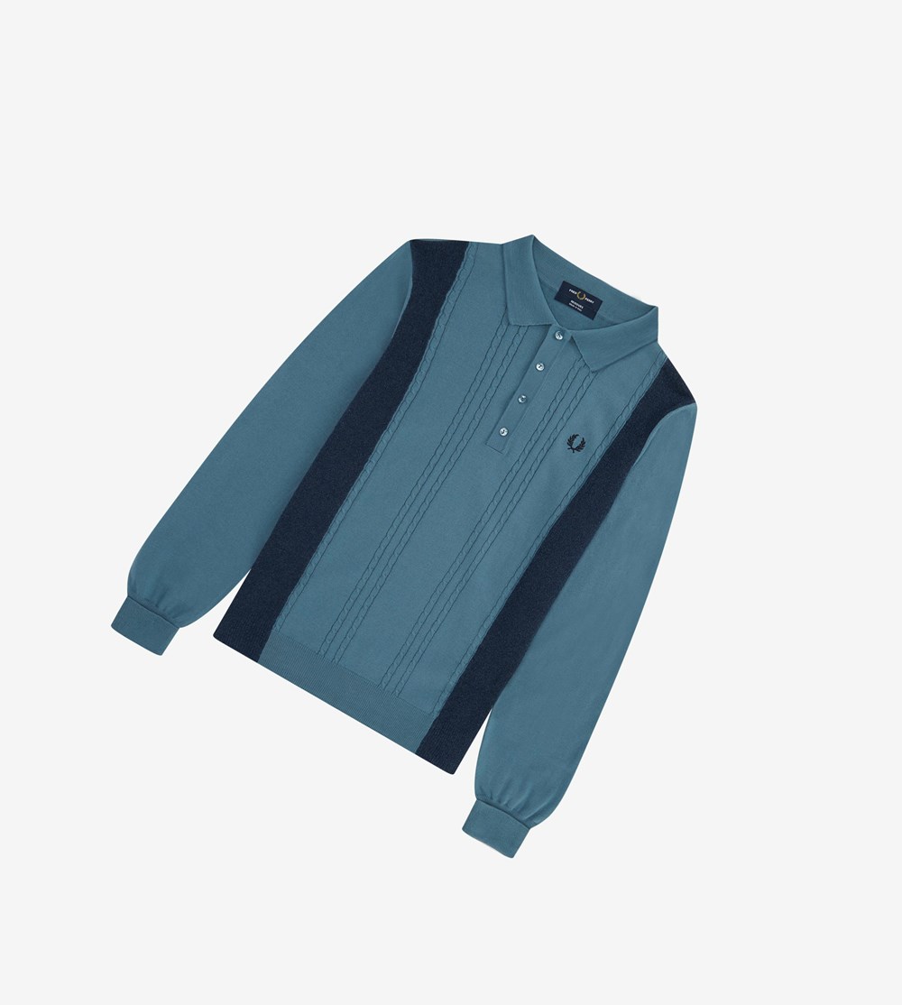 Fred Perry Reissues Panelled Cable Knit Shirt Gebreide Kleding Heren Grijs Blauw | DXP701568