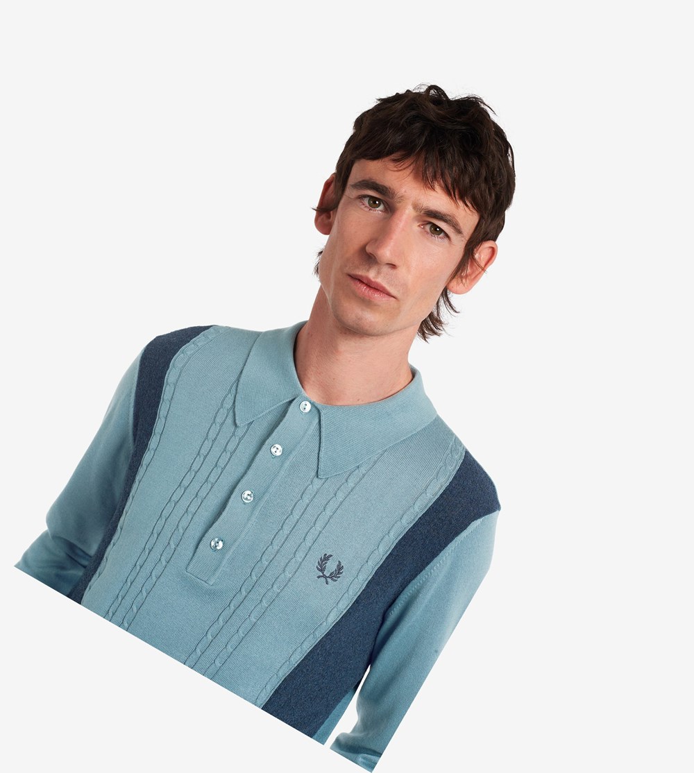 Fred Perry Reissues Panelled Cable Knit Shirt Gebreide Kleding Heren Grijs Blauw | DXP701568