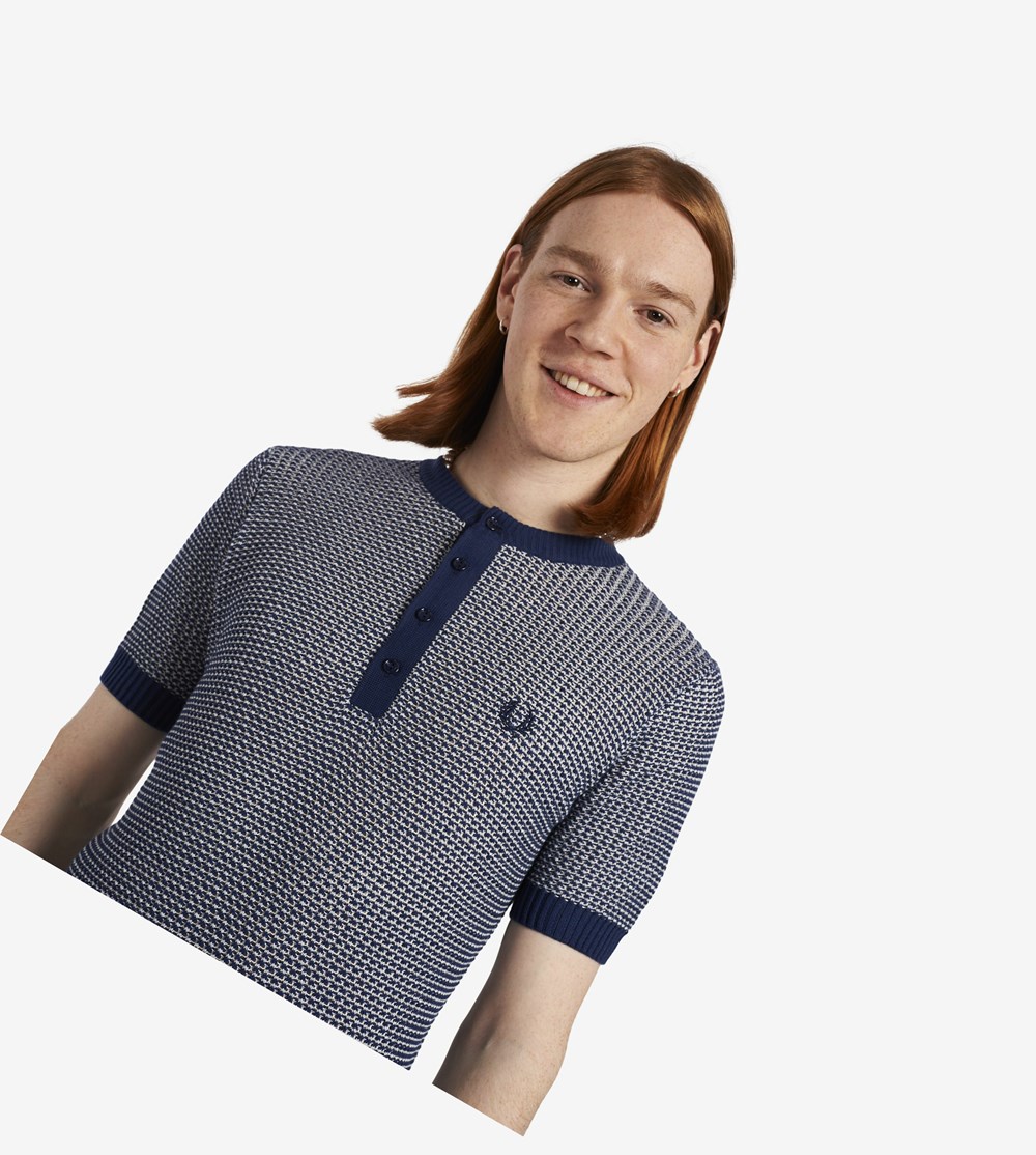 Fred Perry Reissues Two Colour Texture Knit Henley Gebreide Kleding Heren Donkerblauw | JCK167230