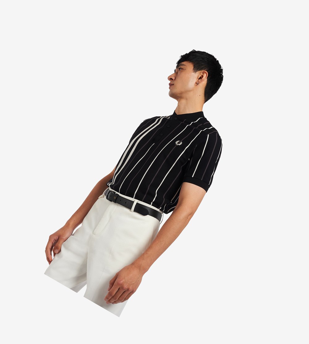 Fred Perry Striped Henley Poloshirt Heren Zwart | ANK796580