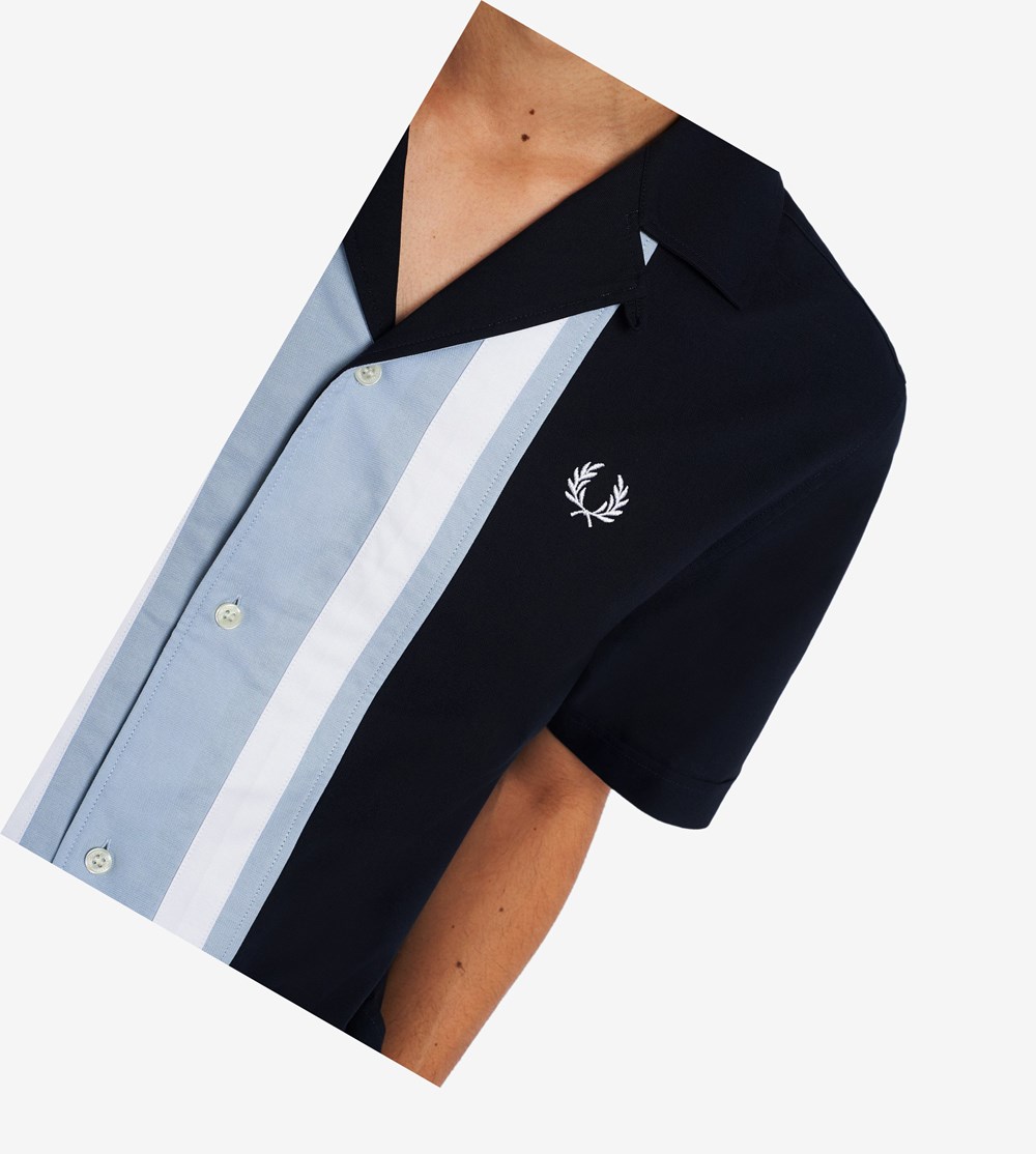 Fred Perry Striped Panel Bowling Overhemd Heren Donkerblauw | FBC287043